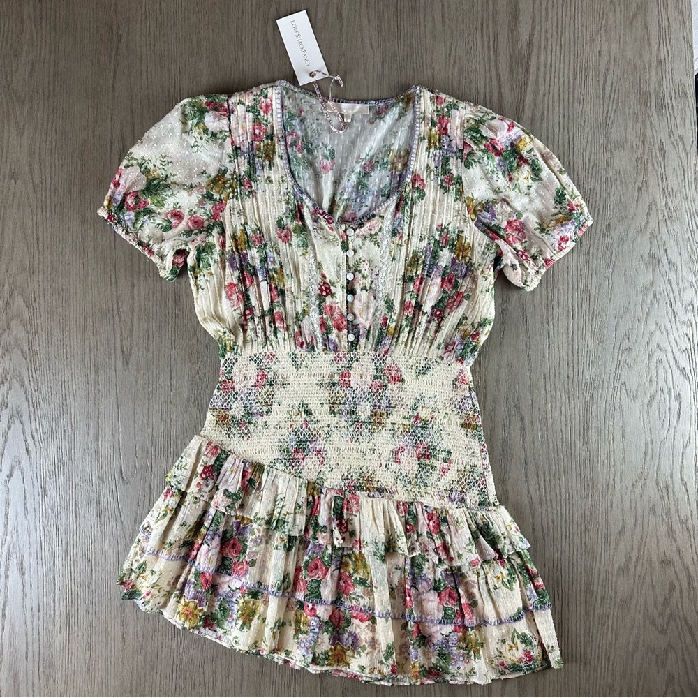 Small LoveShackFancy Keelin Mini Dress Floral Cotton Smocked NWT